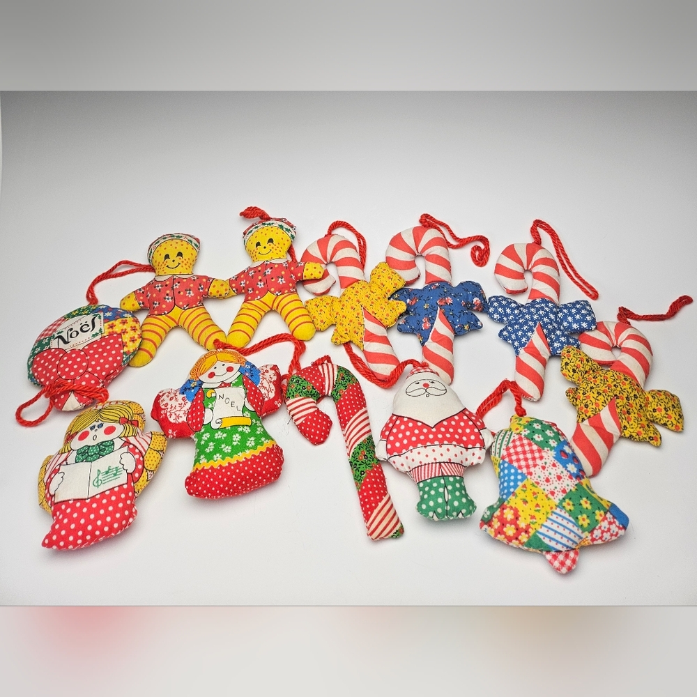 Lot of 13 Vintage Calico Fabric Christmas Ornaments Cut n' Sew Santa Angel Bell